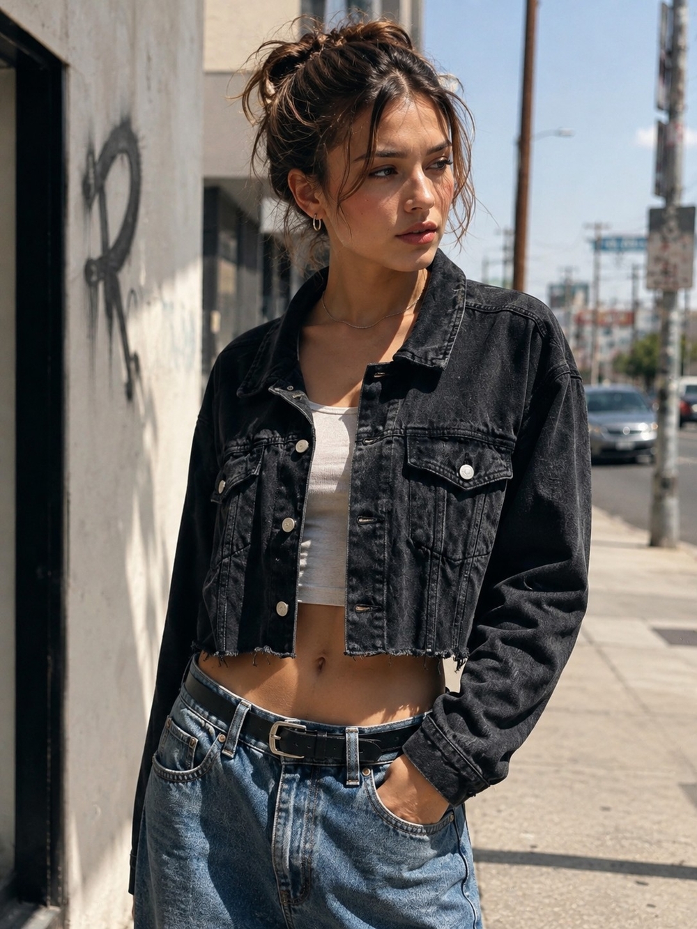 PacSun Black Cropped Denim Jacket Raw Hem 90s Grunge Oversized M/L